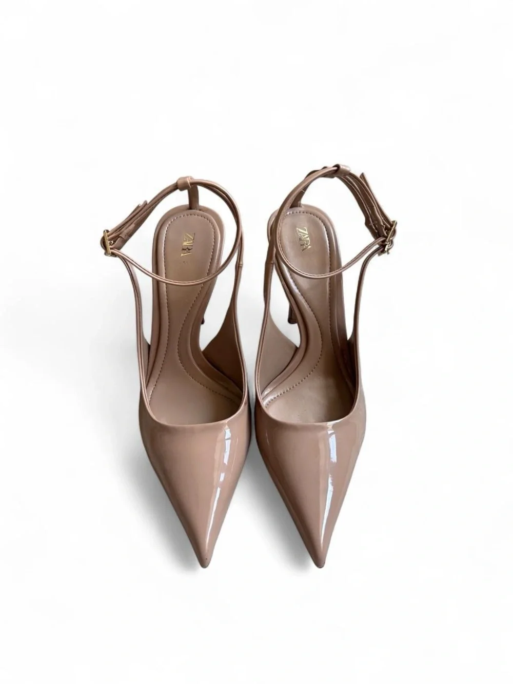 Zara Patent Pointed Slingback Heels in Taupe